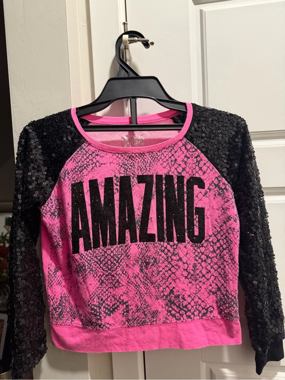 Justice Pink & Black 'AMAZING' Sequin Sleeve Long Sleeve Tee